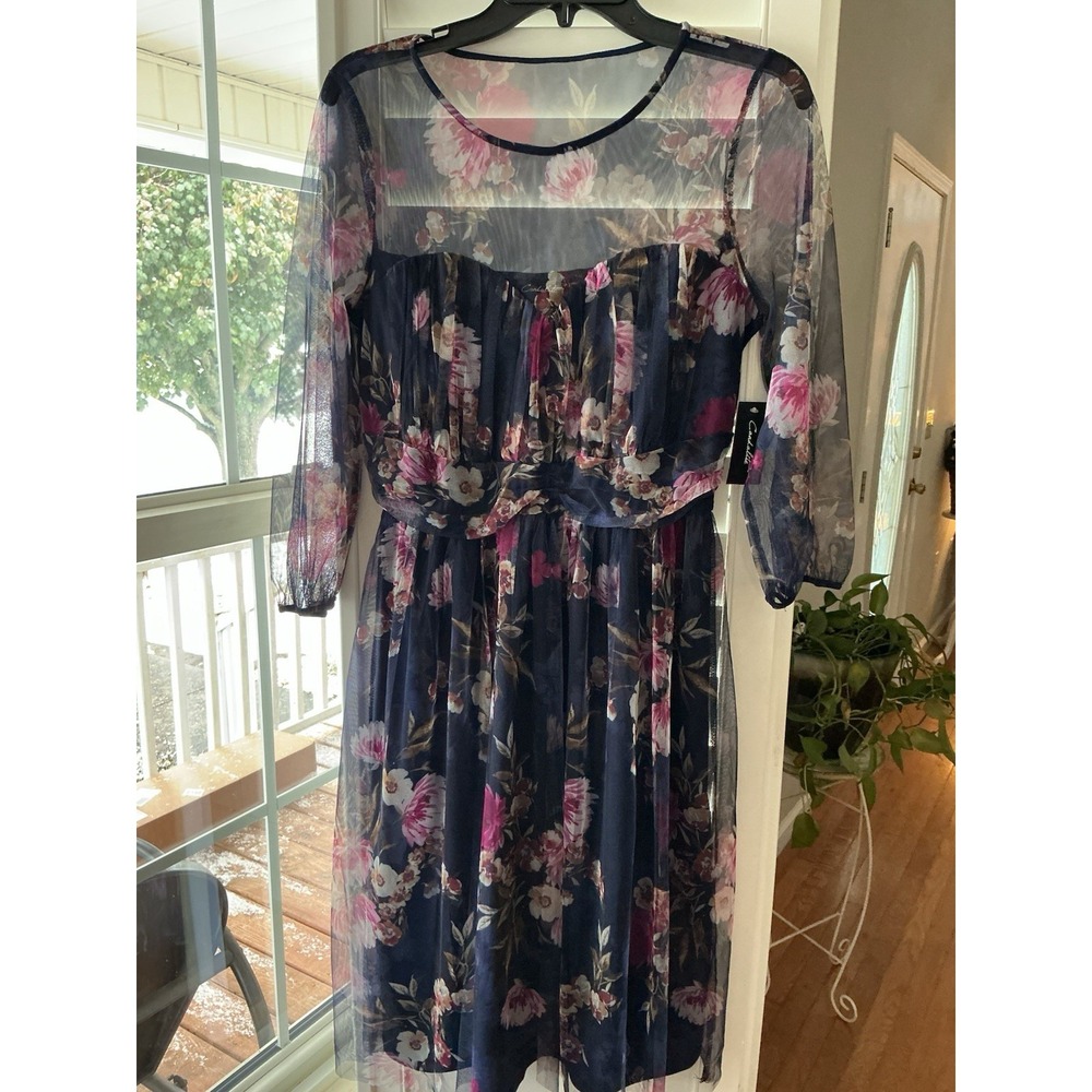 Candalite Navy Sheer Floral Illusion Sweetheart MIDI MESH Dress NWT Size Medium